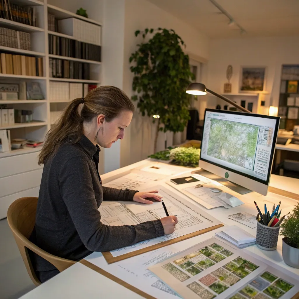 Emily Robertson working on a landscape design project in a professional studio