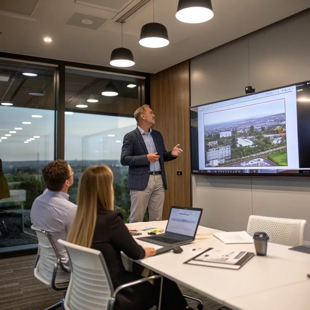John Mitchell presenting a landscape project to his colleagues in a conference room